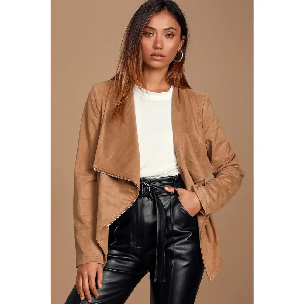 Lulus Wild at Heart Tan Vegan Suede Moto Jacket XS NWT